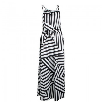 Dress Boho Striped Sleeveless Maxi Long Dress Beach Style Strap Sundress Black and White